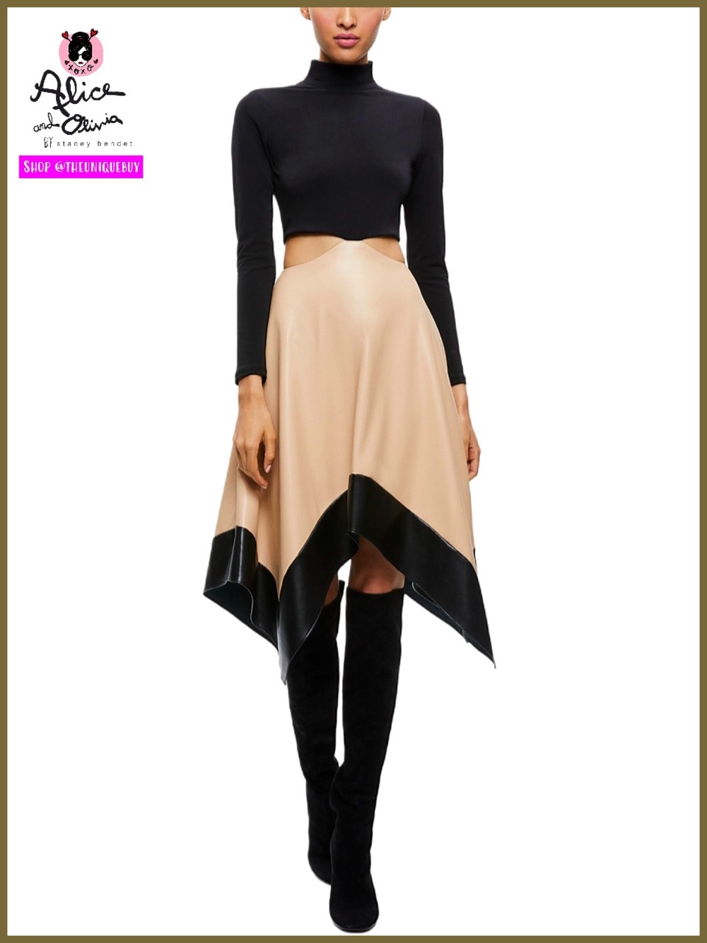 Alice + Olivia Temika Vegan Leather Combo Cutout Midi Dress